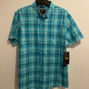 Lee Regular Fit Stretch Blue Plaid Button Down T-Shirt Size Medium
